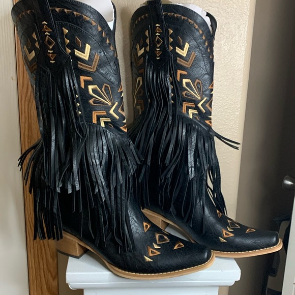Western fringe embroidered black cowgirl boots NEW in box - Picture 3 of 7